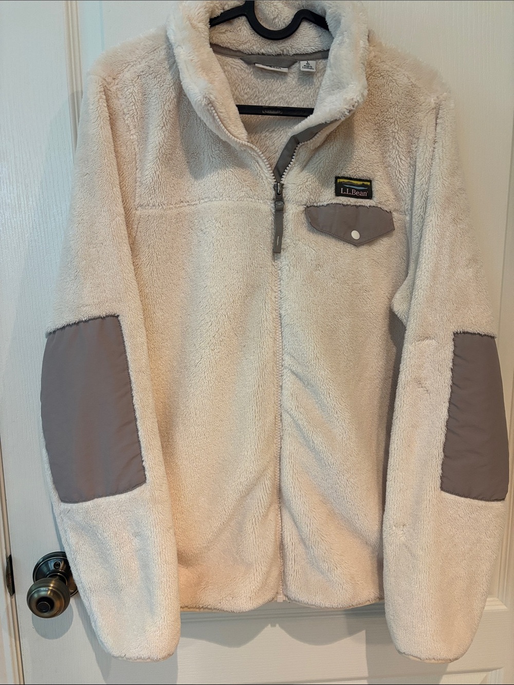 L.L. Bean Hi-Pile Full Fleece Jacket in cream with Gray Elbow Patches